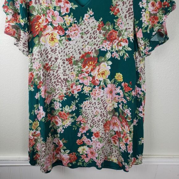 Andree by unit v-neck Teal pink floral dress tunic top size large - Picture 10 of 11